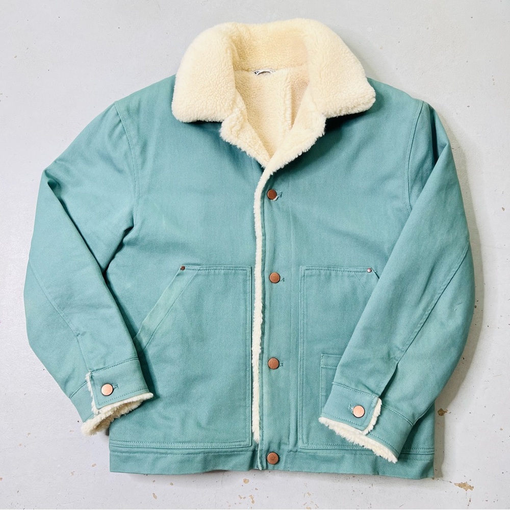 Zara Men’s Green Aqua Faux Sherpa Lined Heavy Denim Chore/Trucker Coat Medium - Picture 10 of 13